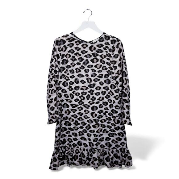 Eliza J. Cheetah Leopard Print Ruffle Cuff/Hem Mini Shift Dress - Size 8 - Picture 6 of 15